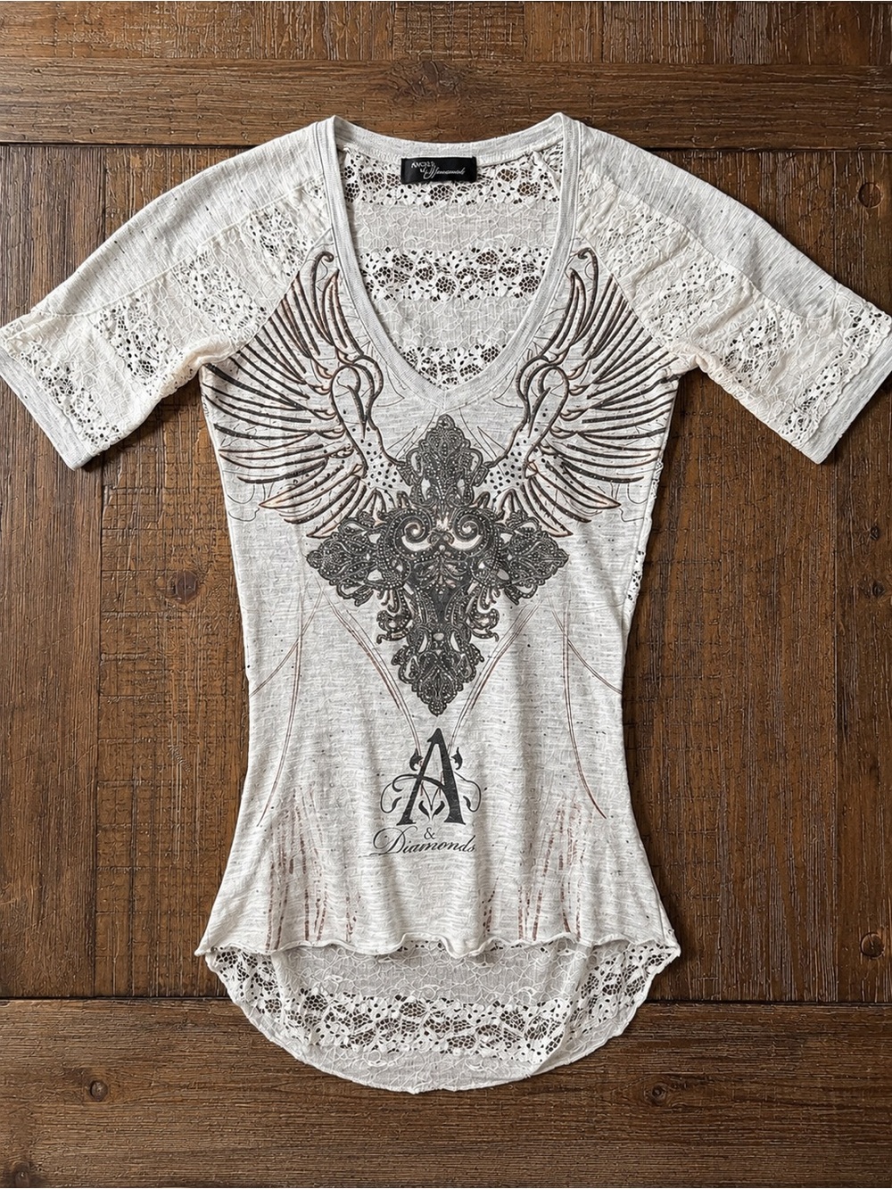 Y2K Angels & Diamonds Lace Rhinestone V Neck Top Size Small Vintage Lace Shirt - Picture 2 of 5